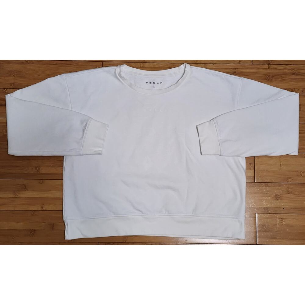 Tesla Unisex Large Pullover Sweatshirt White Logo Fleece Long Sleeve Casual Warm